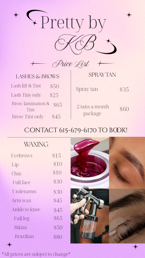 Price list for Pretty by KB beauty salon on a pink gradient background, listing lashes, brows, tan, and waxing.