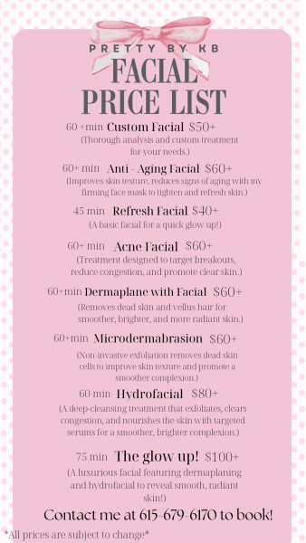 Pink beauty salon price list poster with a dotted border and a bow, listing facial services and prices.